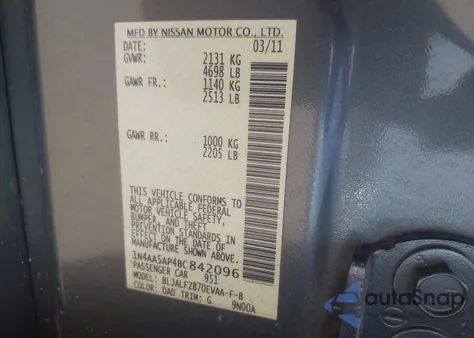 2011 Nissan Maxima 3.5 Sv из США, поврежденный, VIN 1N4AA5AP4BC842096